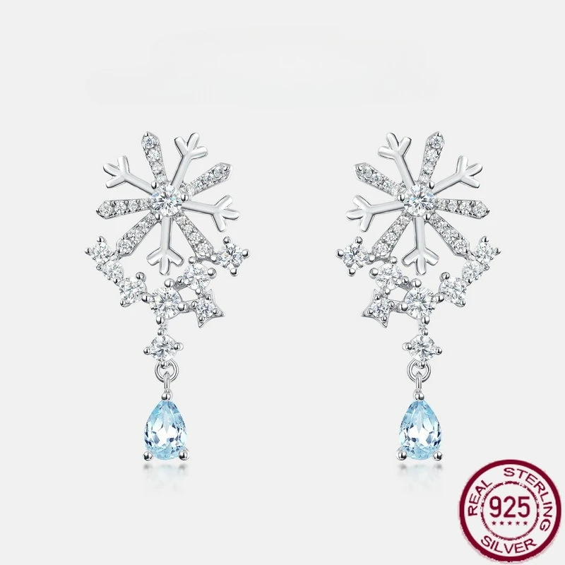 

Новые серьги из чистого серебра S925 на осень/зиму со снежинками, модные небесно-голубые серьги с топазом, легкие роскошные универсальные свадебные украшения