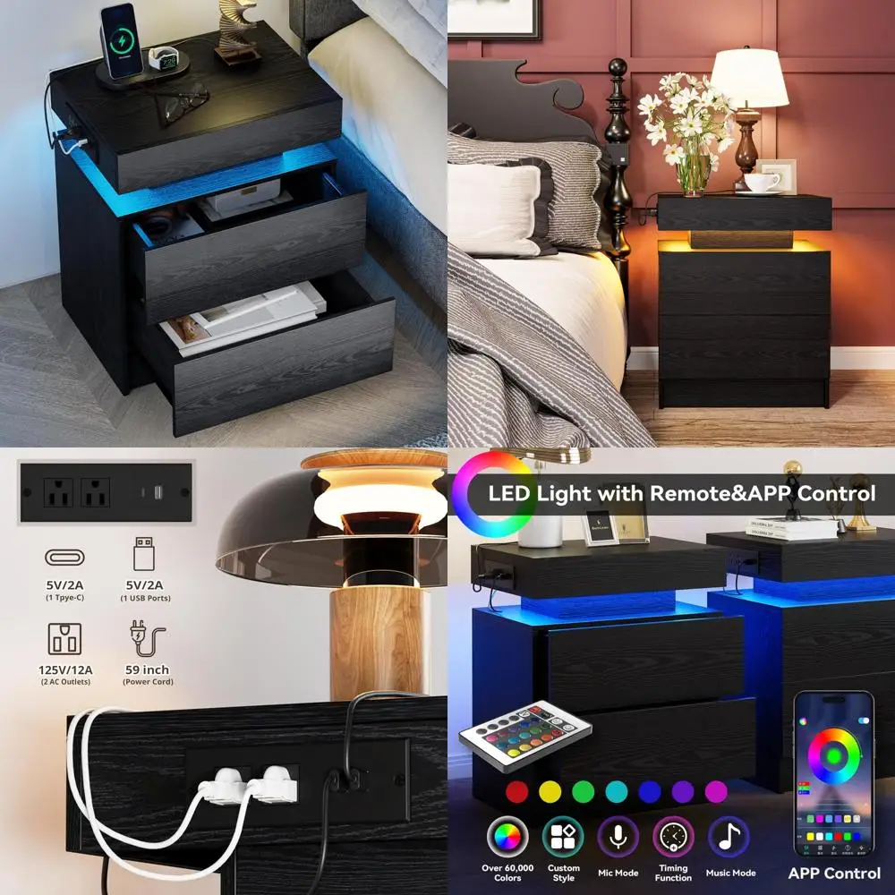 

Modern LED Lighted Charging Station Nightstand with Drawers, Black Bedside Table for Bedroom, Contemporary End Table with USB Po