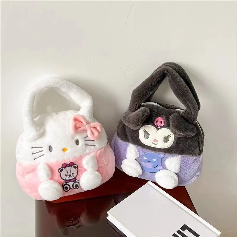 Kawaii Sanrio Kuromi Cinnamoroll Hello Kitty My Melody Soft Plush Tote Bag Anime Pompom Purin Pochacco Handbag Storage Bag Girls