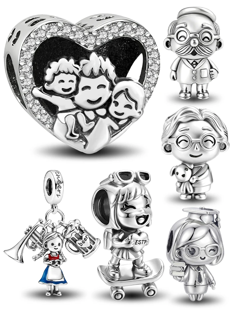 Abalorios de Plata de Ley 925 con Forma de Corazón de Amor Familiar para Abuelos, Compatibles con Pulseras Originales, Joyería Fina, Regalo
