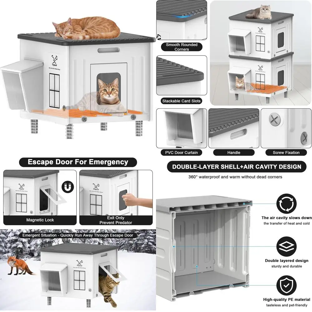 

Утепленный уличный домик для кошек с обогревателем и дверцей для выхода, для бездомных кошек, всепогодный и приподнятый, 17.7x17x17.5