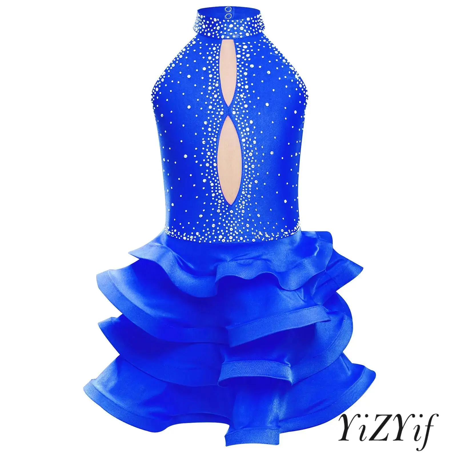 

Kids Girls Latin Dance Dress Sleeveless Straps Backless Shiny Rhinestones Round Neck Tiered Dress Cha-Cha Performance Dancewear