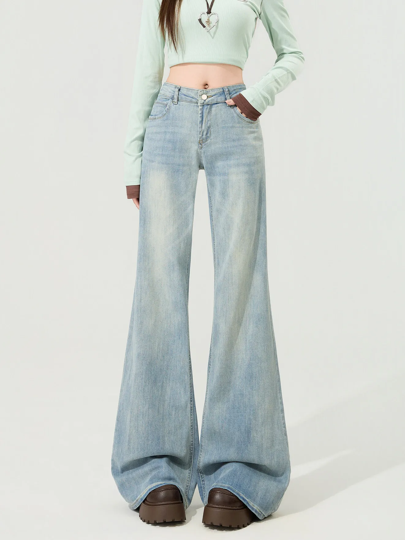 Light Blue Low Waist Bell Bottom Jeans Women's New plus Size Loose Slimming Not Legging Loose Bell Pants Casual Style Zipper ...