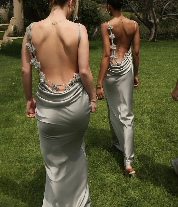 실키 여성 롱 드레스 꽃 독특한 서스펜디 섹시한 백 레스 솔리드 스트레이트 베스 티드 간결한 저녁 파티 Mujer Robe