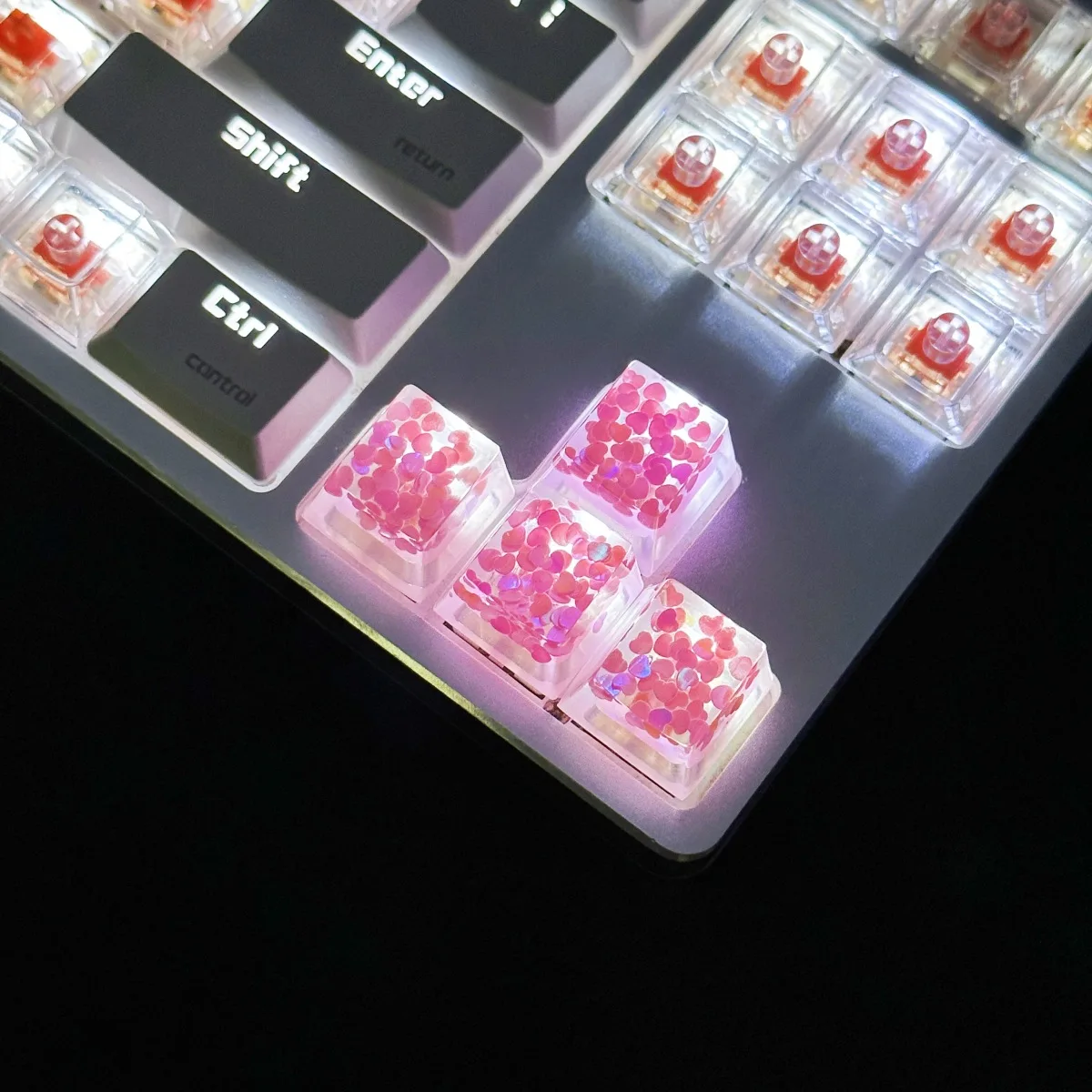 Translucent Love Sequins Keycaps com Acessórios, Teclado Mecânico, Eixo Cruzado, Novo, Mais Vendido, 4Pcs