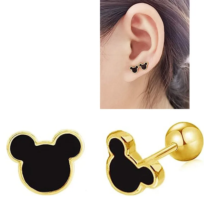 1 pair of small and delicate titanium steel coated Mickey earrings cartoon Mickey Mouse earrings ear bone studs versatile earrin