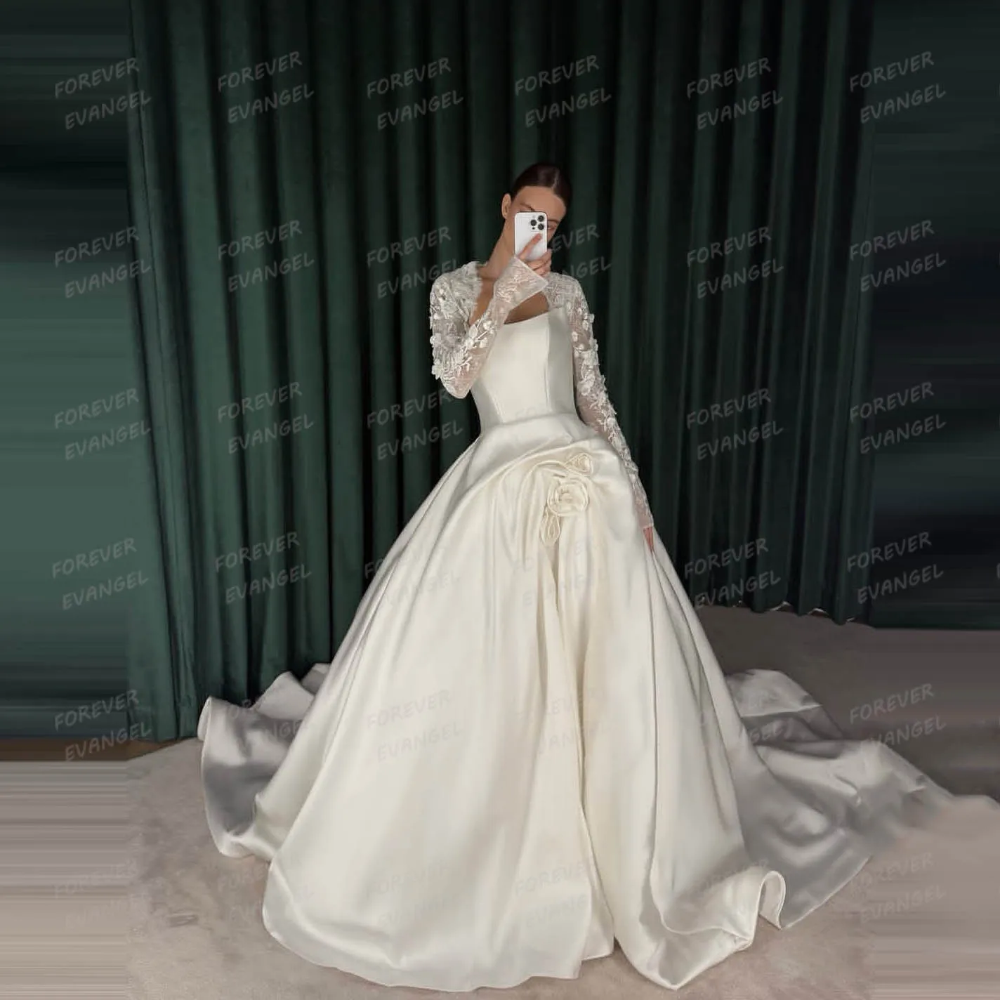 ชุดแต่งงานแบบเรียบง่ายสำหรับผู้หญิง ทรงเอไลน์ ชุดเจ้าสาวเซ็กซี่ ผ้าลูกไม้ แขนยาว ผ้าซาติน แต่งระบายหรูหรา สามารถสั่งตัดได้