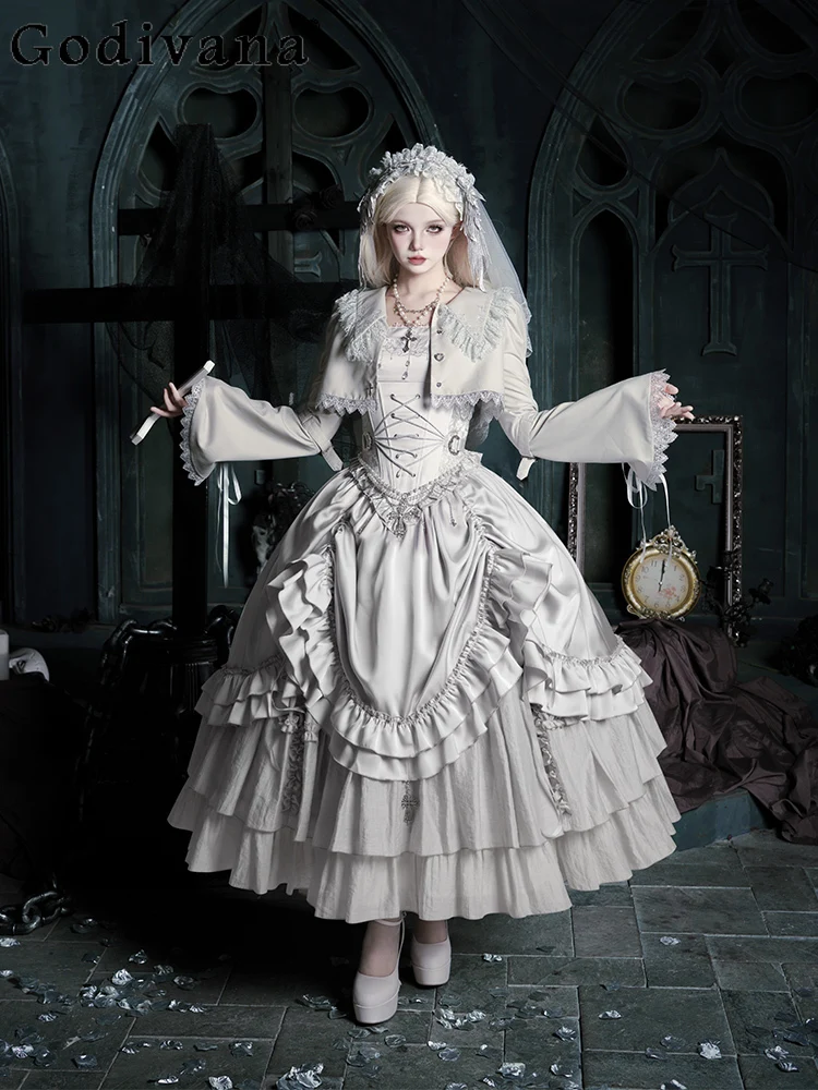 

Halloween Cos Long Split Dress New Womens French Elegant Court Style Heavy Industry Lolita Dress Fishbone Corset Skirt Shirt Set