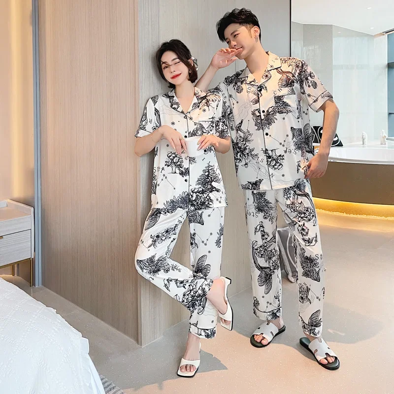 Ice Silk Couples Pajama Summer 2022 new ink and wash printing short-sleeve women's sleepwear thin men's large size nightgown