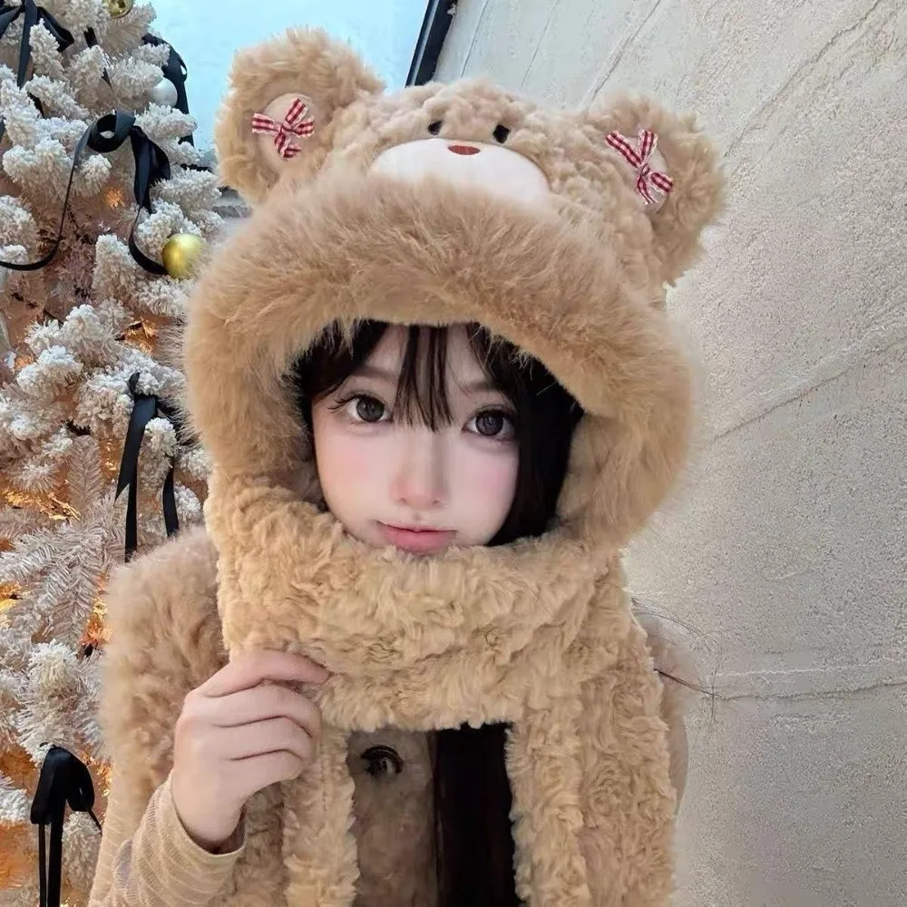 NEW 3-in-1 Little Bear Hooded Scarf Keep Warm Ear Protection Gloves Scarf Hat Windproof Soft Winter Scarf Outdoor