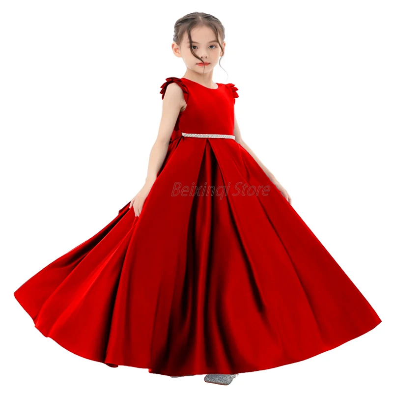 Robe rouge à fleurs pour filles, ceinture brillante, grand nœud, occasion formelle, robe de soirée, robe de princesse élégante pour bébé fille