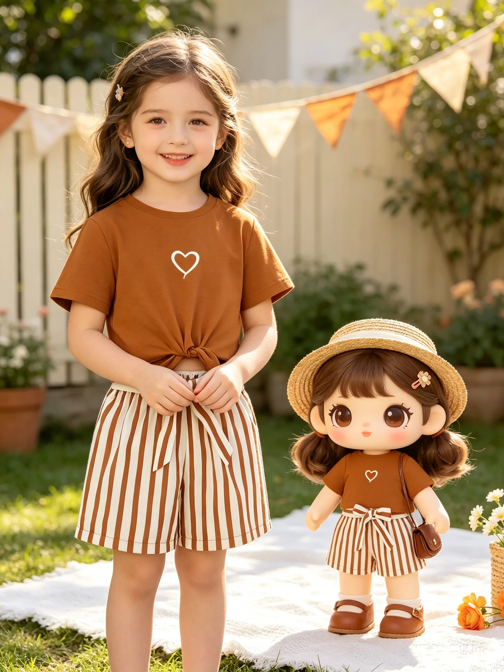Damen-Freizeitkleidung für den Alltag: Kurzärmeliges Oberteil mit Liebesmotivdruck + gestreifte Shorts, 2-teiliges Set mit zufällig ausgewähltem Gürtel, gestreifte Kinderkleidung. – Detail 2