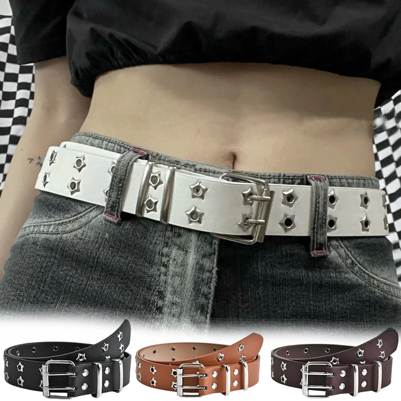 

New Star Eye Rivet Women's Belt Double Row Needle Buckle Fashion Men's Belt PU Leather Belt Hip Hop Punk Rock Style Jeans Belts