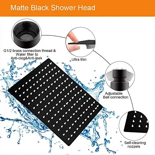 12-Inch Matte Black Square Rainfall Shower Head With 15-Inch Stainless Steel Arm, Ultra-Thin Design, Self-Cleaning Nozzles,