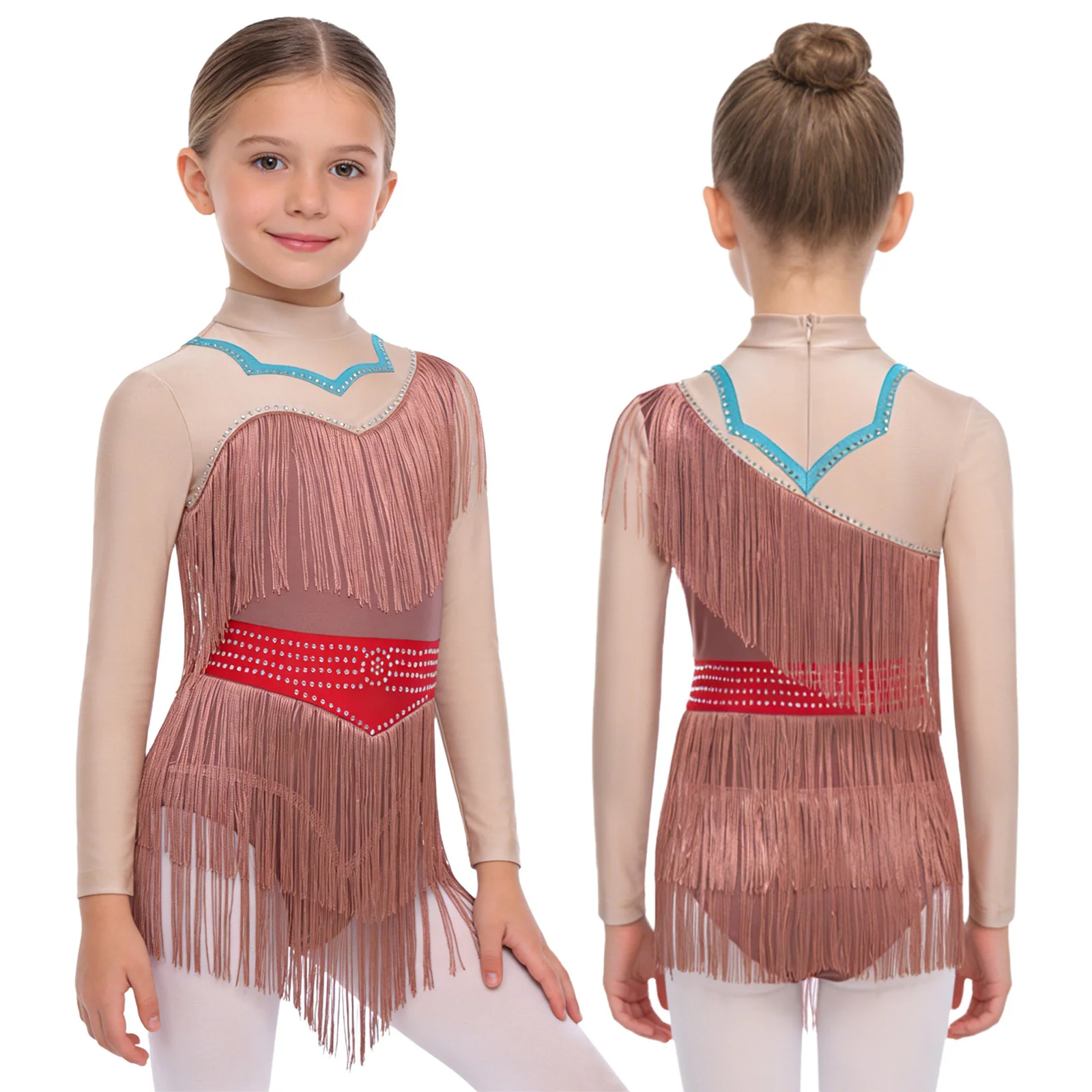 Girls Tassel Latin Tango Dance Leotard Dress Rhinestones Long Sleeve Contrast Color Fringed Bodysuit Stage Performance Clothes
