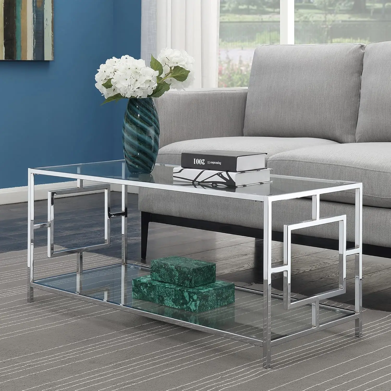 Square Chrome Coffee Table with Shelf, Glass/Chrome