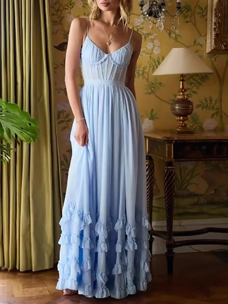 Moda cintura plissado sólido vestido de festa sexy com decote em v suspensórios de espinha de peixe vestido elegante de corte baixo sem mangas sem costas magro vestido longo