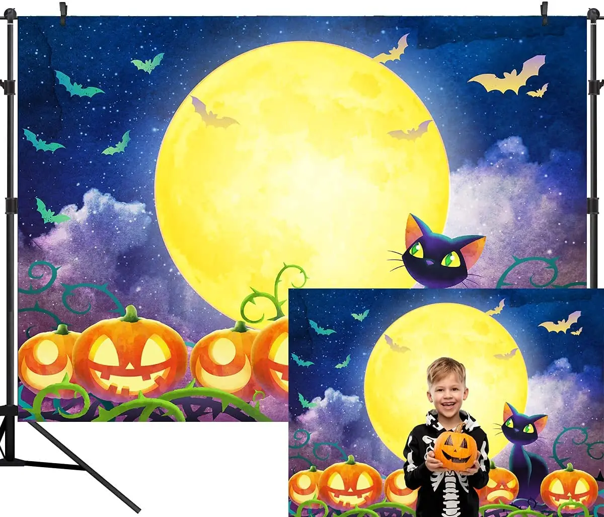 

Halloween Pumpkin Field Photography Background Starry Sky Night Moon Backdrops Birthday Party Photo Studio Props Banner