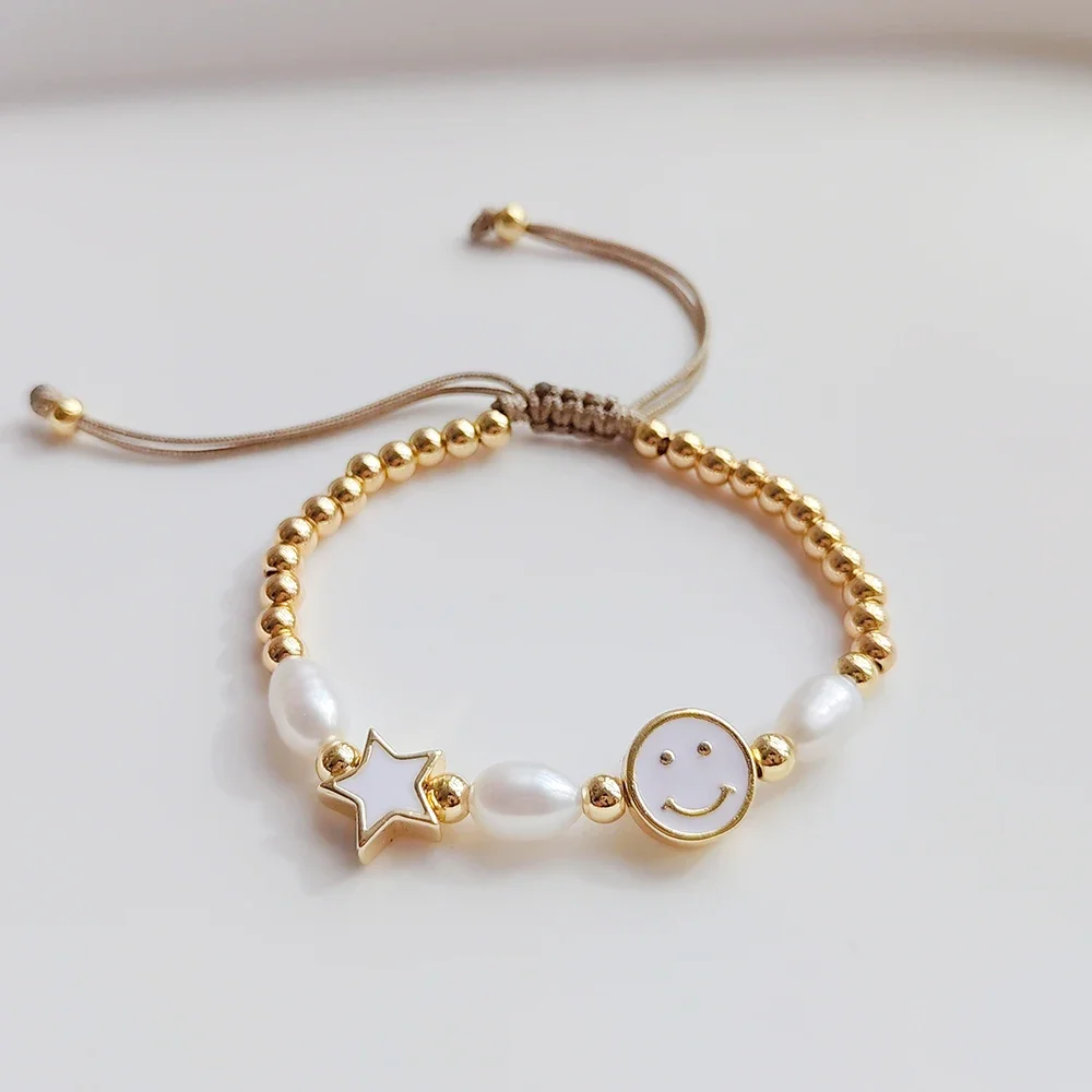 KKBEAD Freshwater Pearls Bracelets Y2k Accessories Gold Plated Beads Bracelet for Women Colorful Smiley Star Charm Pulseras