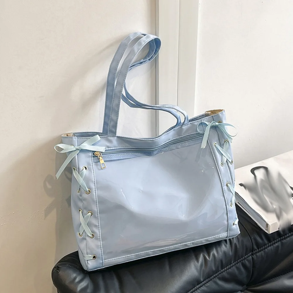 

Creative Single Badge Itabag Simple Itabag Cross Ribbon Lace-up Transparent Pocket PU Solid Color Shoulder Bag Men