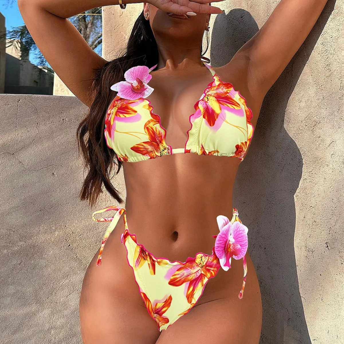 Sexy Triangle Push Up Swimwear Women Ruched 2 Piece Swimsuit Female Side String Bikini Set Pleated Bathing Suit Summer Beachwear