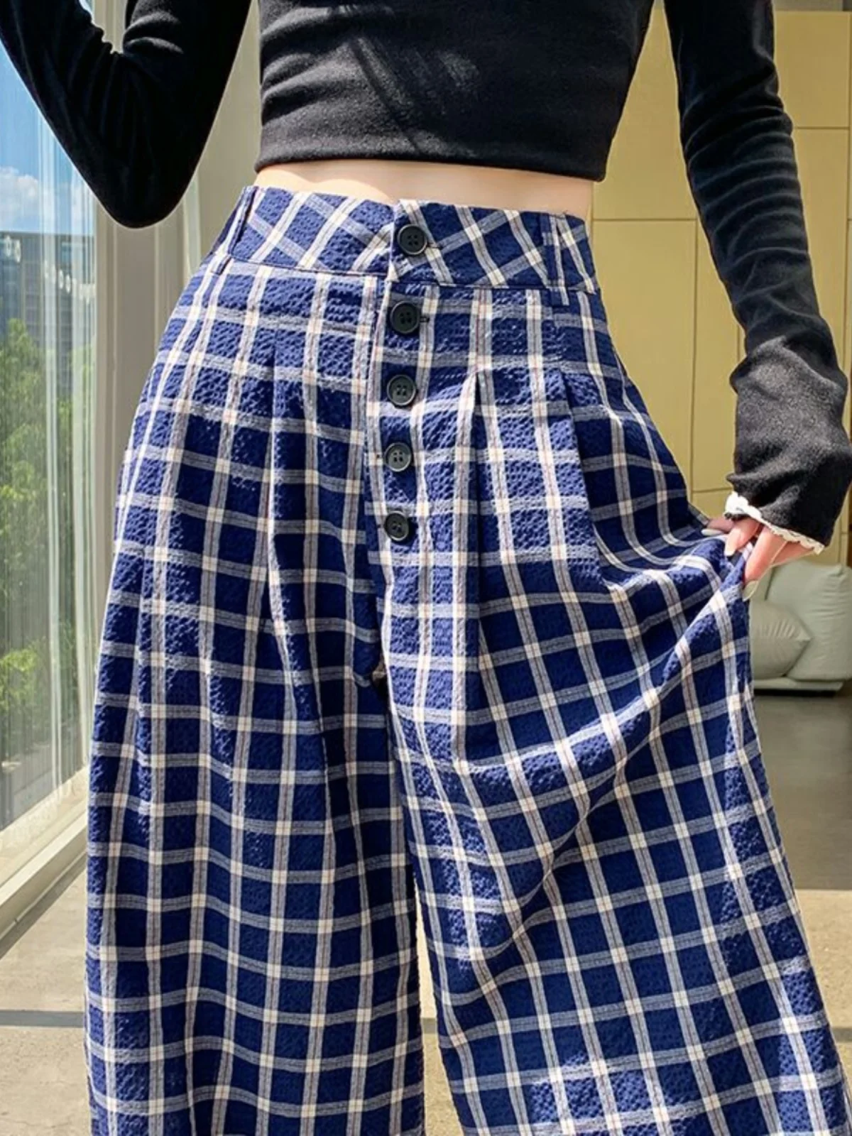 

Ретро-синие брюки в клетку, повседневные, прямого кроя, женские, с высокой талией, свободные, в расслабленном стиле, струящиеся, широкие брюки, весна 2026, новинка