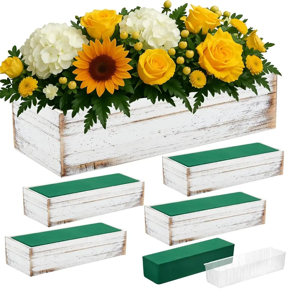 

Набор из 5 деревянных коробок для центральных элементов композиций, 12x4 дюйма, прямоугольные деревянные кашпо в деревенском стиле со съемным пластиковым вкладышем