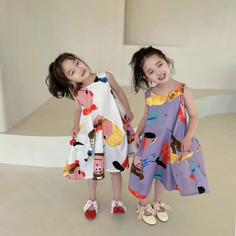 Girls' Cartoon Cute Sister Matching Dresses Princess Dress25Summer New Foreign Trade Children's Wear Delivery