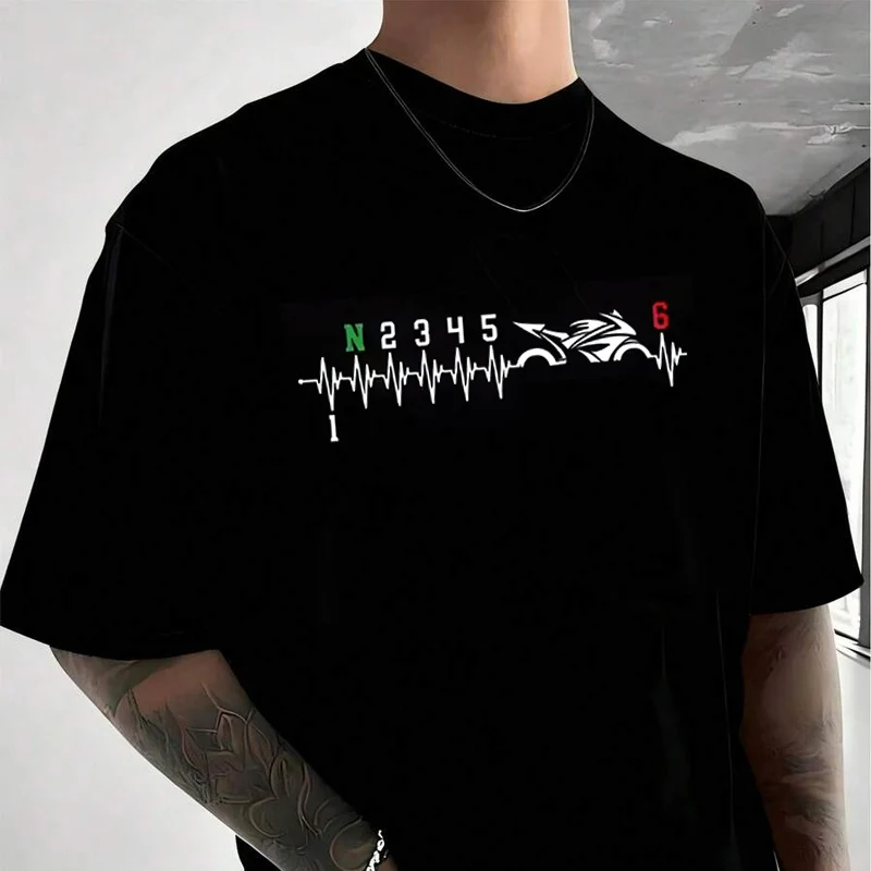 

1N23456 Футболка с графическим принтом Gear Biker Heartbeat Motorcycle, мужская и женская хлопковая повседневная футболка с короткими рукавами и круглым вырезом, футболки