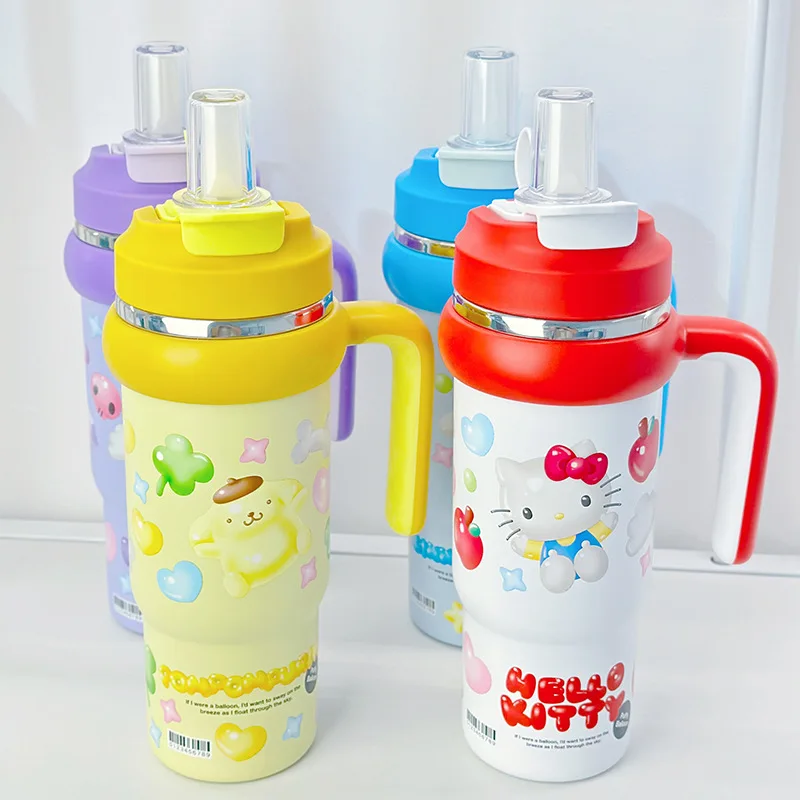 

Милая термокружка Hello Kitty 830 мл с двойной соломинкой, изолированная, для холодных напитков, с ручкой, портативная, большой емкости, для женщин-фанаток