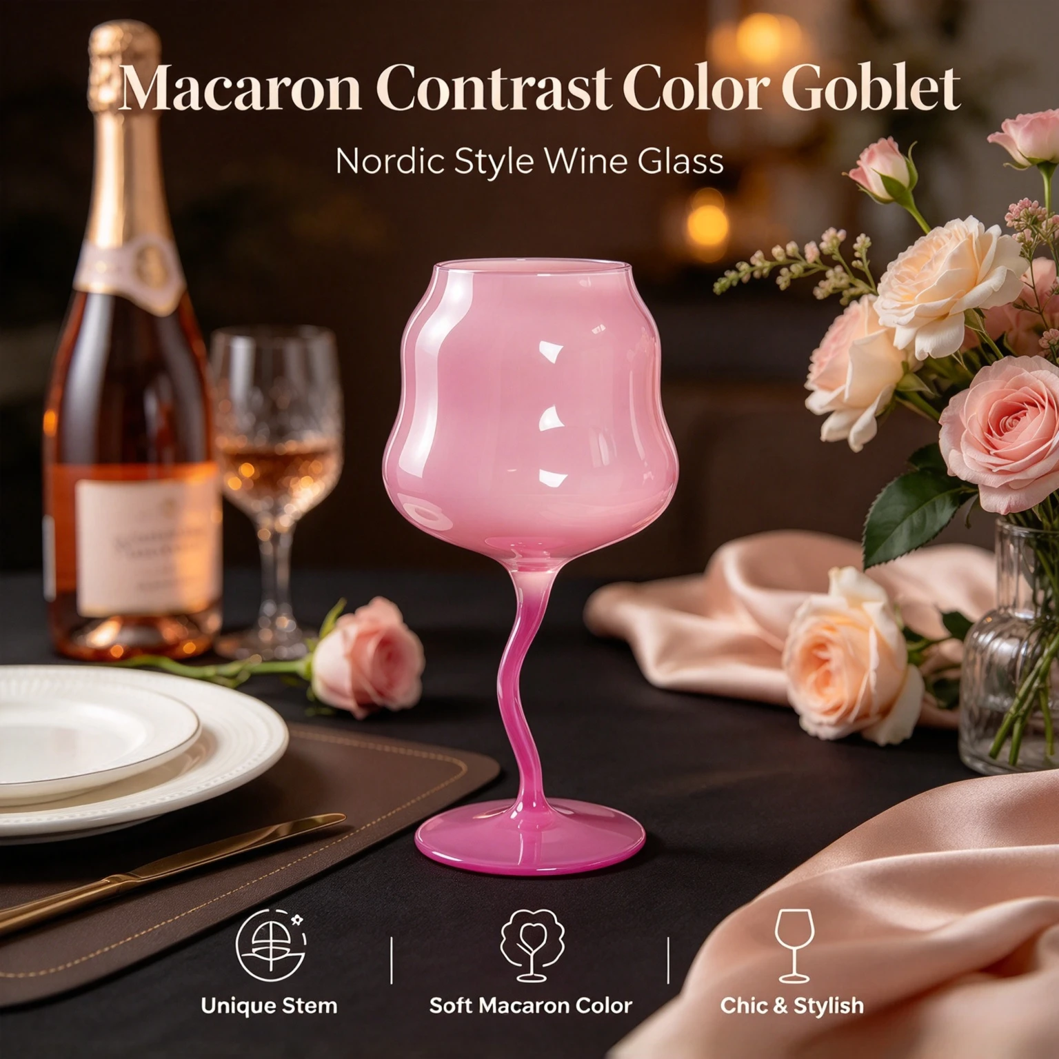 Macaron Contrast Color Goblet Nordic Style Wine Glass Aesthetic Drinking Cup for Juice Champagne Home Party Decor