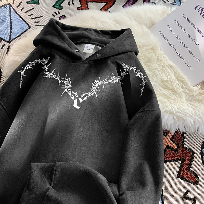 Gothic Pattern Sweatshirt Heavyweight Suede Hoodie Men Streetwear Men's Women's Hooded Sweatshirt Neutral Style Sweatshirt