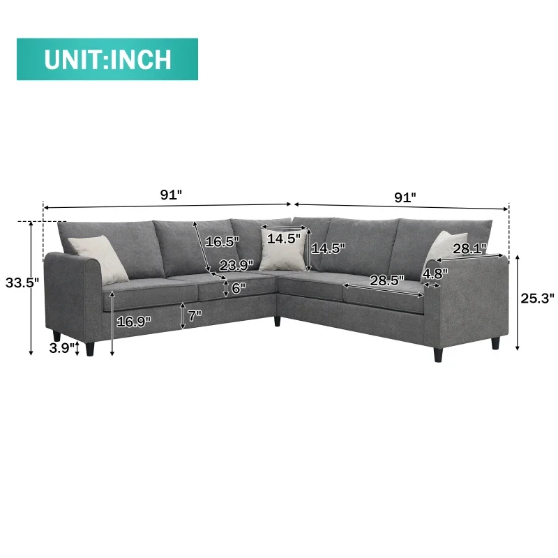 Modern upholstered living room combination sofa, L-shaped upholstered sofa with 3 pillows, leisure sofa lounge chair, party sofa