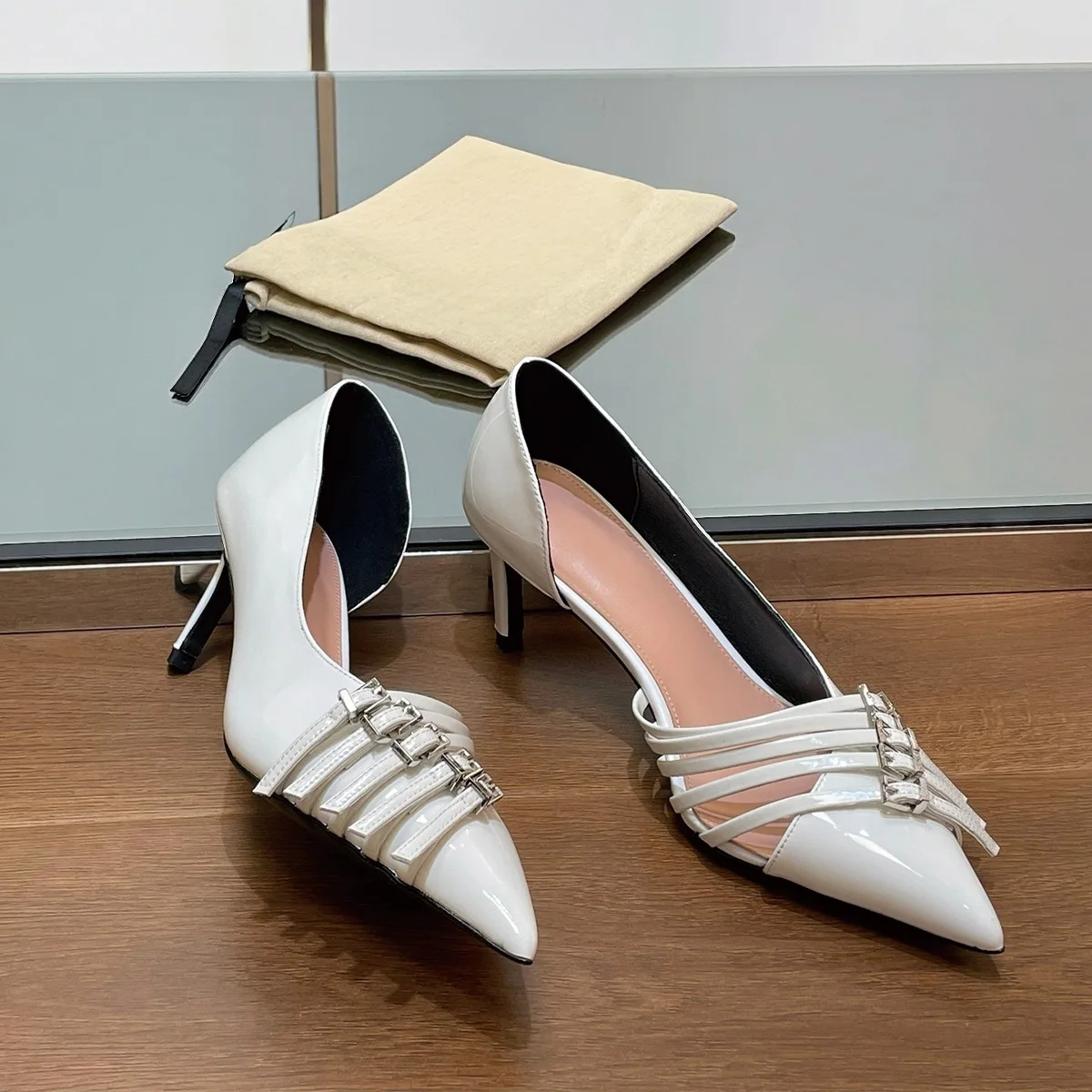 2026 High Quality Summer women shoes pointed toe stiletto heel pumps metal buckle decorated dress footwear ch24081978