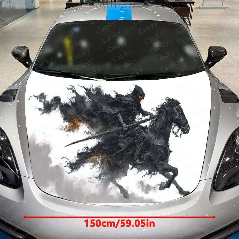 Ember Flame Shadow Rider Car Vinyl Wrap, PVC Waterproof Car Hood Sticker, Self-Adhesive Scratch-Resistant Stickers