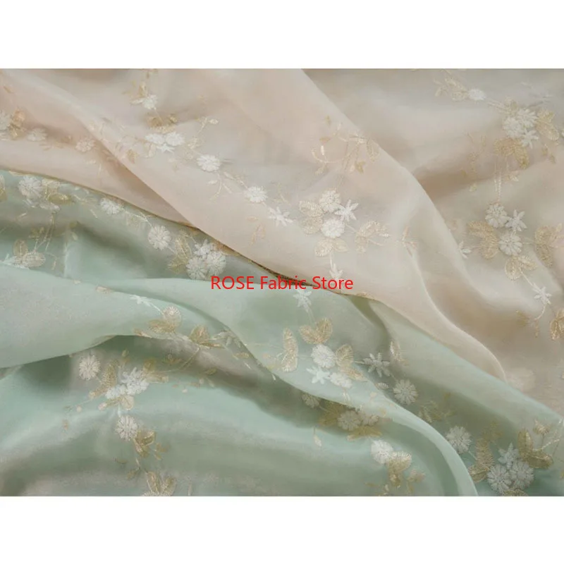 

White flower and light gold leaf embroidery chiffon fabric For Blouse, Vocation Dress, Suspender skirt, Maxi Dress
