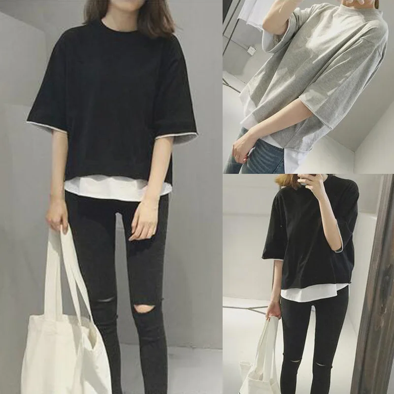 Woman's Tshirts Summer Korean Style Loose False Two Pieces Half Sleeve Casual Woman Top Tee Shirt Dropshipping ZBBT004