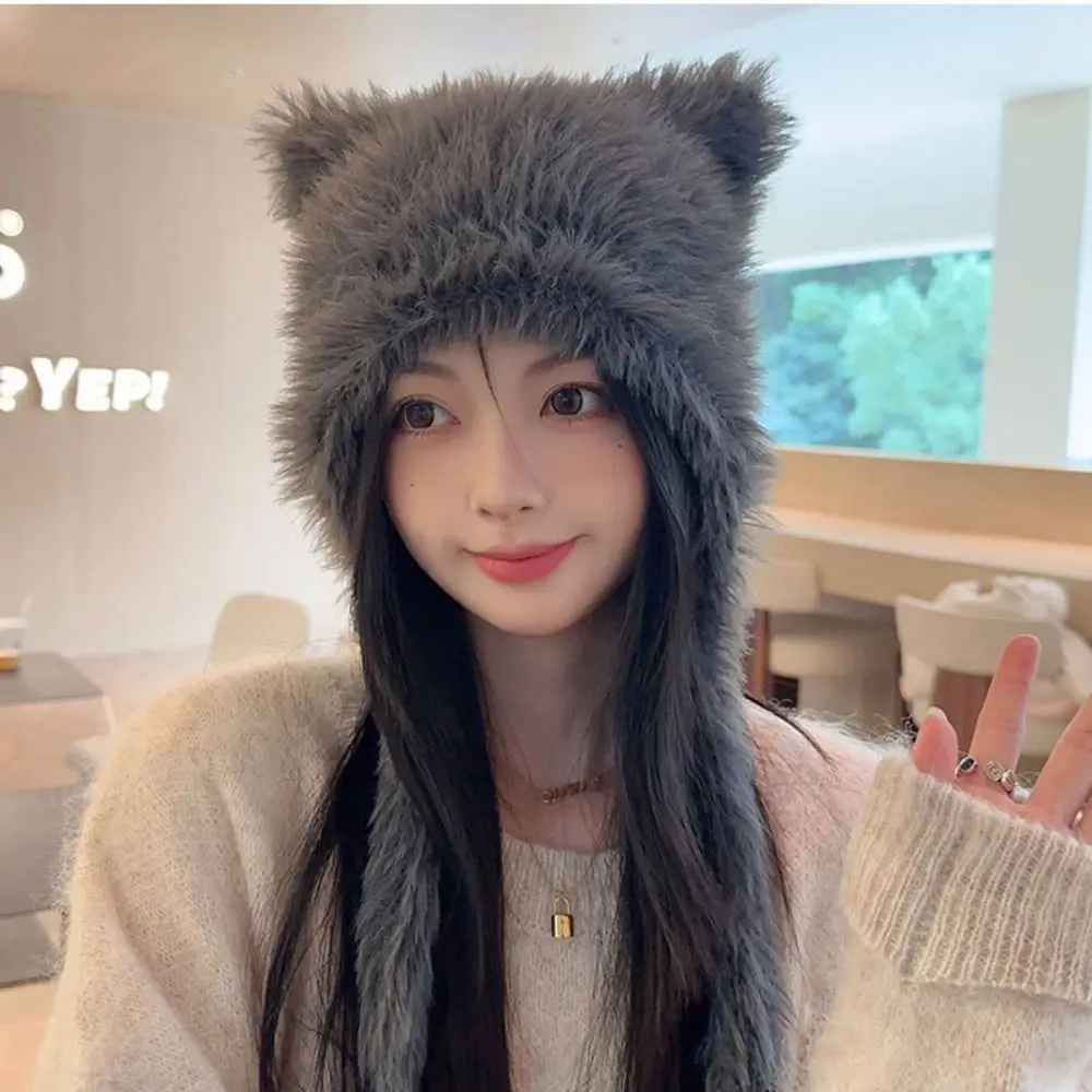 Casual Solid Color Winter Bear Ears Hat Windproof Plush Beanies Cap Thick Warm Ear Protection Women Earmuffs Cap