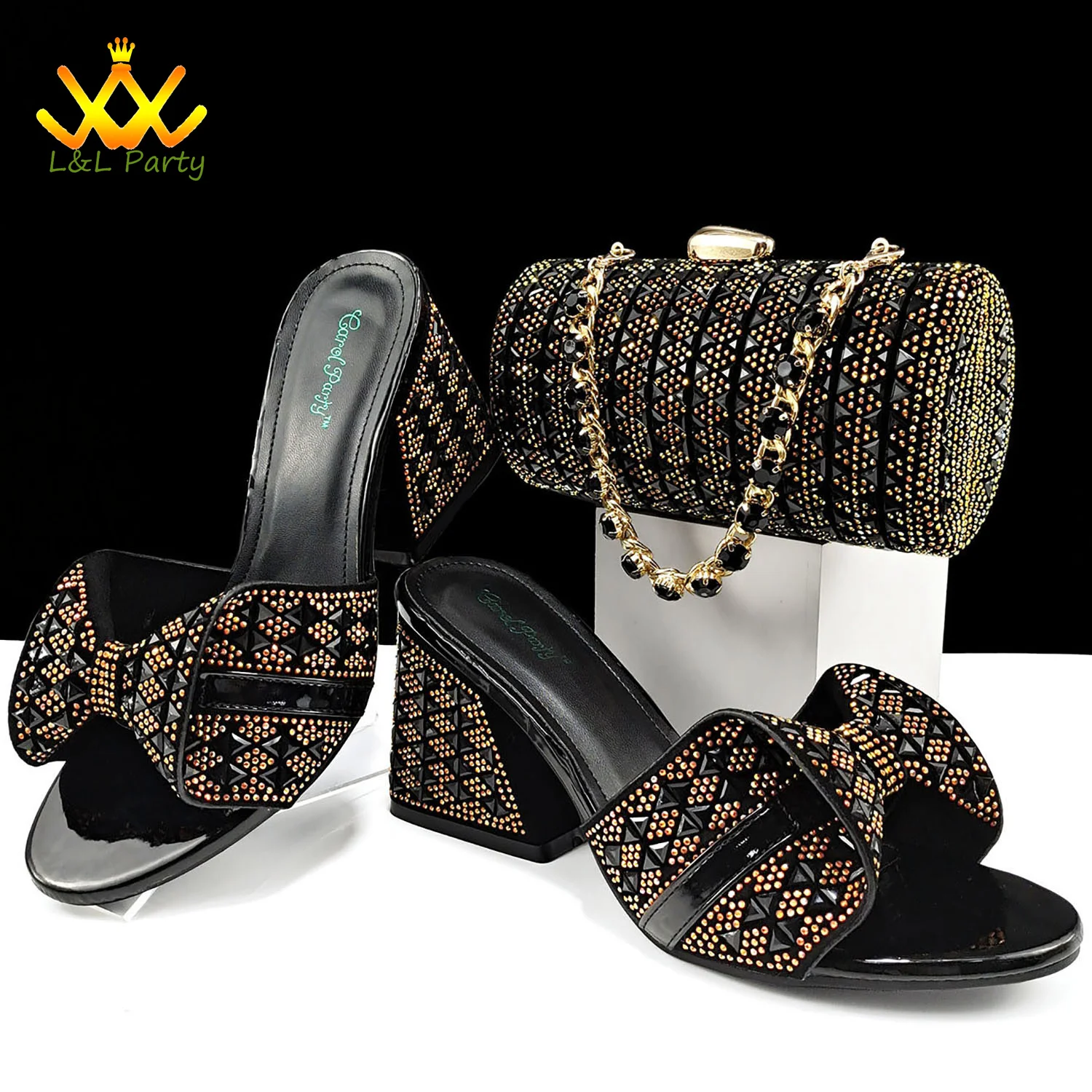 

High Quality New Design Comfortable Heels Black Color Slipper African Women Shoes and Bag Set for Wedding Party