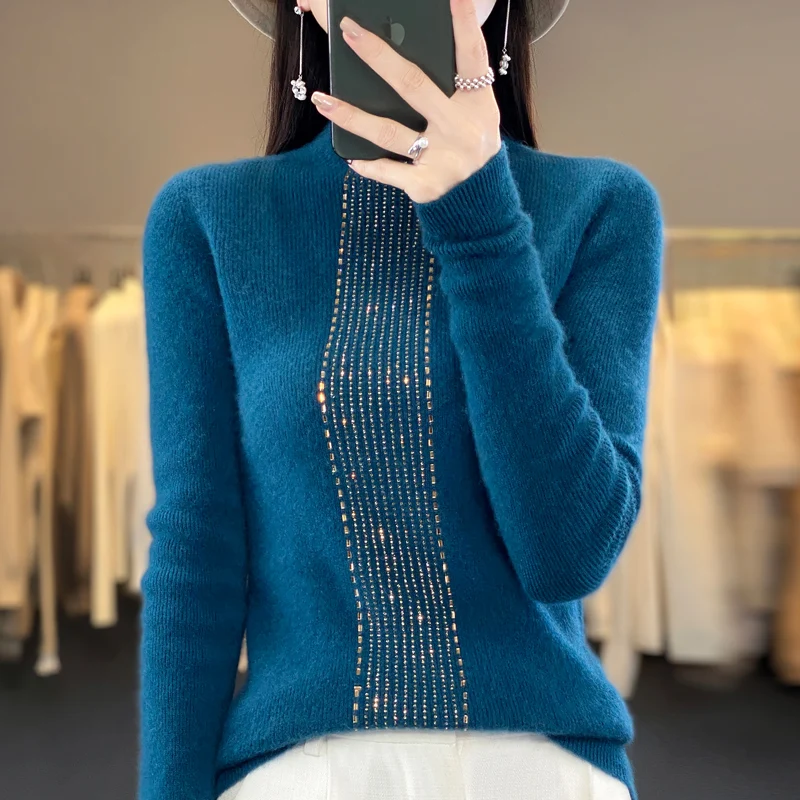 Spring and Autumn New 100% Wool Sweater Women\'s Knitted Half High Collar Hoodie Slim Fit Fashion First Line Hot Stamped Tops