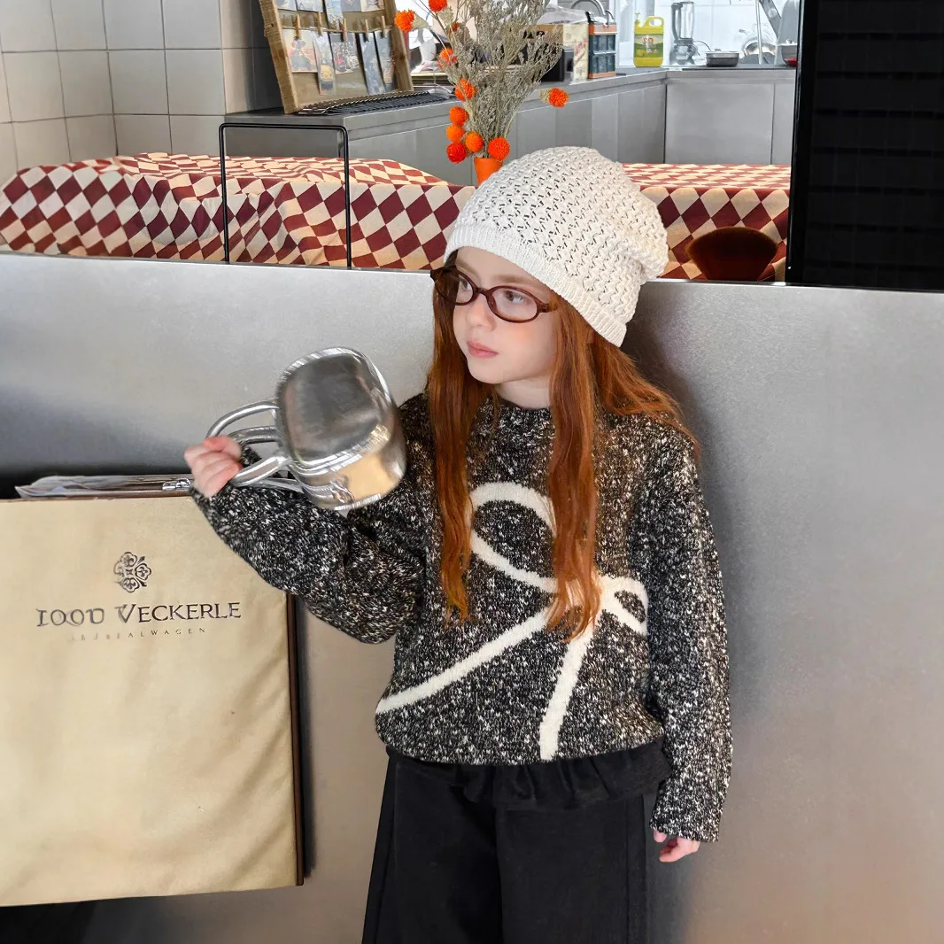

Girls Sweater 2025AW New Korean Design Cute Bow Knitted Loose Soft Waxy Round Neck Knitted Jumper Pullovers Sweater