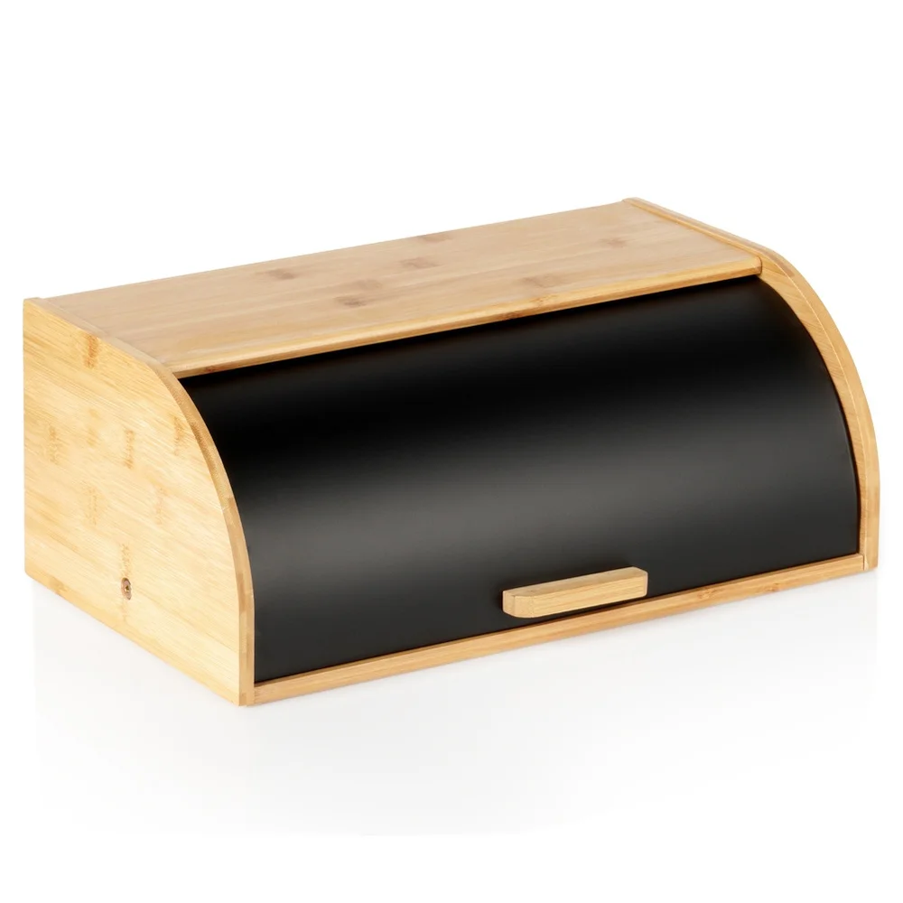 Zwarte bamboe broodkist, 41 x 25,5 x 16,5 cm. Broodkist voor brood, broodjes, baguettes en andere gebakken producten. Keukenopberger met deksel voor het bewaren van brood. Praktische opbergdoos voor