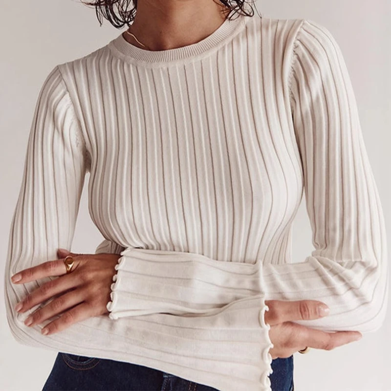

Women's Autumn Winter Round Neck Knitted Sweater Long Sleeve Ribbed Solid Color Slim Fit Tops