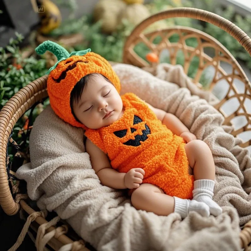 Cute Newborn Halloween Pumpkin Hooded Romper Orange Costume with Green Stem Infant Sleeveless Plush Sherpa Playsuit 0 24 Months