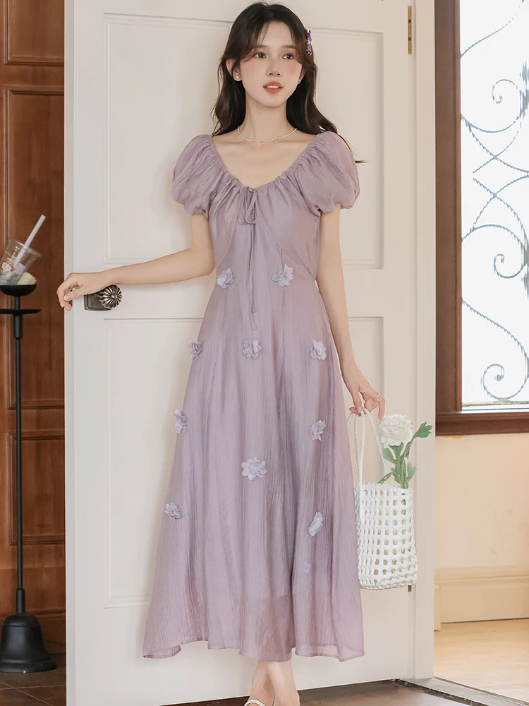 Sommer Lila Chiffon Applikationen Chic Langes Kleid Frauen Puff Sleeve Bogen V-ausschnitt Casual Kleid 2025, Koreanische Elegante Bodycon Prom Kleid