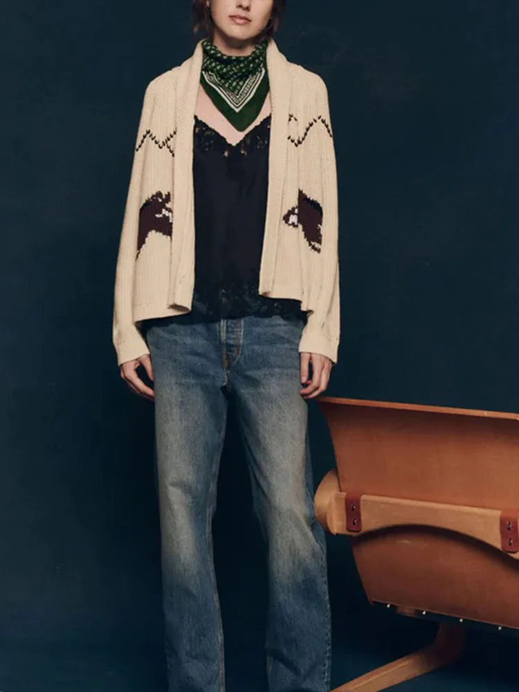 

Винтажный свободный свитер с принтом, кардиган, осенняя мода, вязаное пальто с воротником с лацканами, зимнее женское повседневное свободное пальто с длинными рукавами