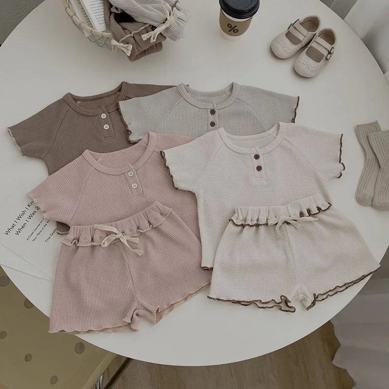 2025 New Summer Korean Style 0-3Yrs Children Clothes Short Sleeved Waffle Cotton T-shirt+Shorts Newborn Baby Girl Clothes Suit