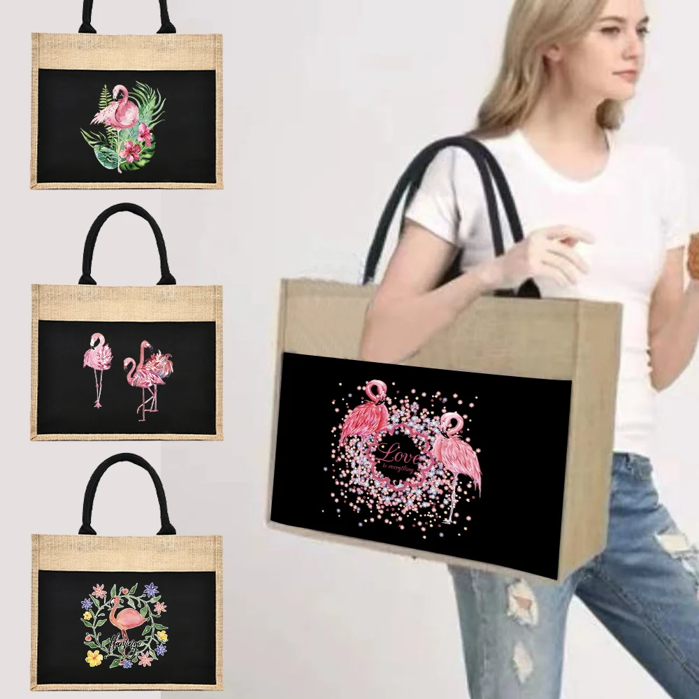 

Jute Handbag Shoulder Bag Jute Imitation Sacks Linen Bags Beautiful Flamingo Print Women Shopping Pouch Designer Laminated Bags