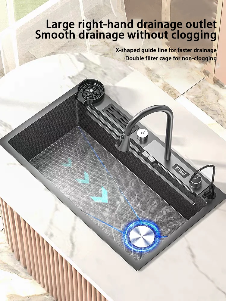 Imagem -02 - Digital Display Waterfall Kitchen Sink Slot Único Grande Nano Aço Inoxidável Undercounter Honeycomb Gravado