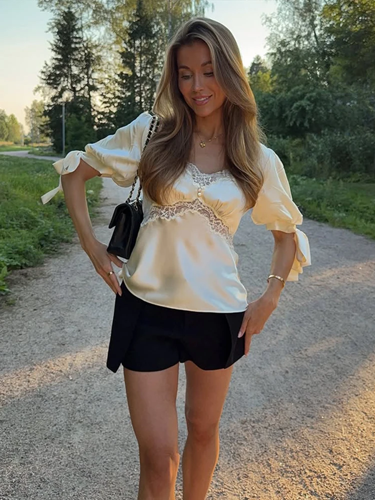 Elegant Lace Splicing Women's T-shirt Waist-cinching Bow Lace-up V Neck Short Sleeve Apricot Shirts 2026 Summer Lady Slim Tops